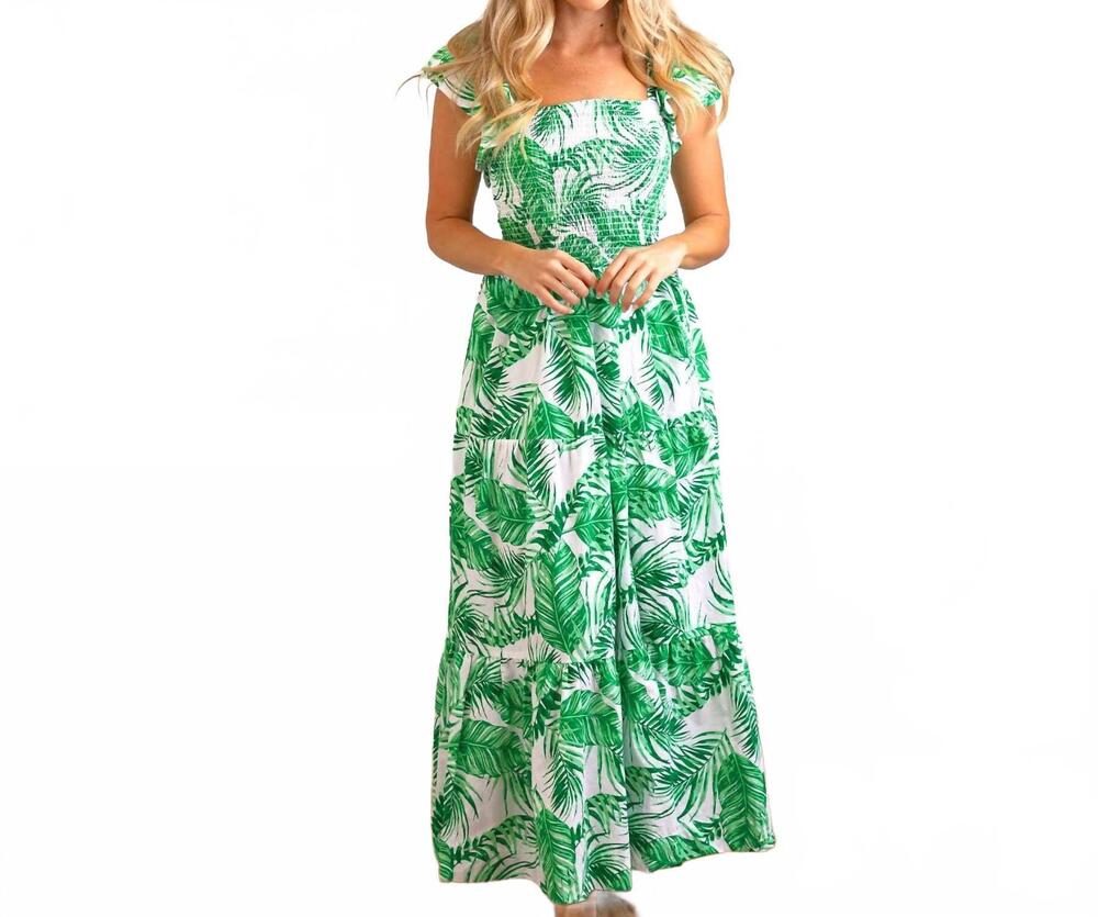 NEW 8 OAK LANE botanical smocked flutter sleeve dress in green/white